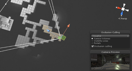 절두체 컬링(회색)과 오클루전 컬링(갈색). 최종적으로 갈색 오브젝트만 남는다