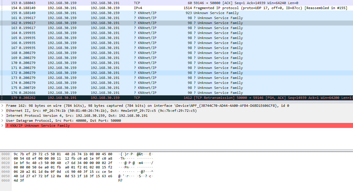 windows server 2019 수신단. 패킷 길이도 다르고 데이터가 하나 추가되서 옴